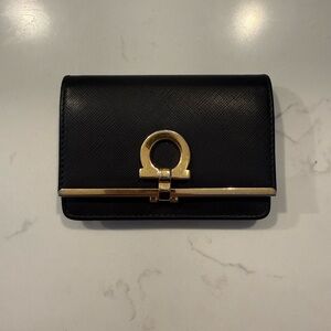 Salvatore Ferragamo Small Wallet in Black Saffiano Leather with Gold Hardware